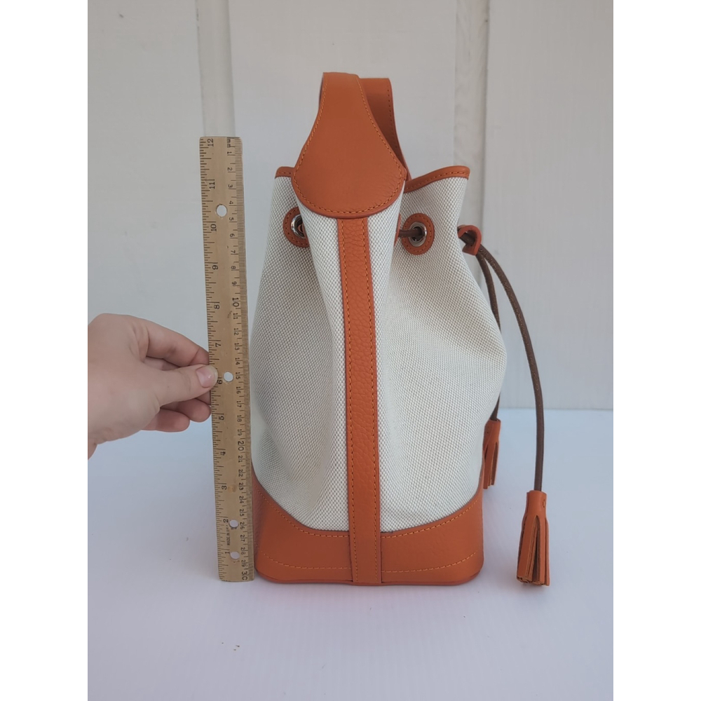 Oncour French Leather Drawstring Bucket Bag Beige Orange - Picture 6 of 16